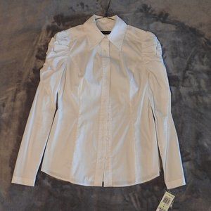 INC International Concepts Ruched Sleeves Button Front White Blouse, NWT, Size 4